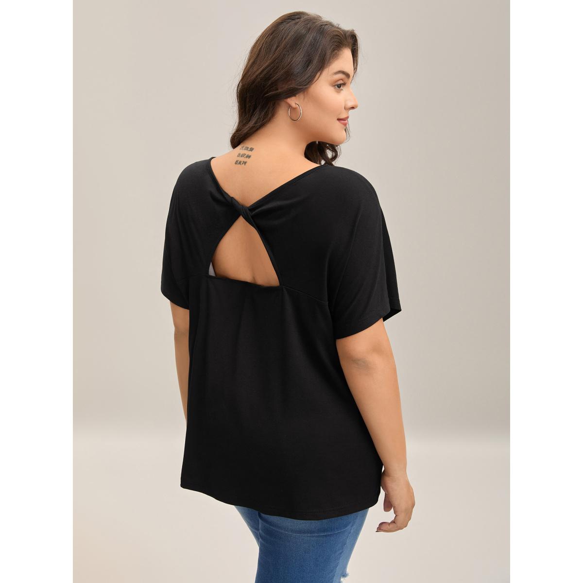 Plus Size Backless Knotted Plain T-Shirt Black Women Leisure Twist Round Neck Casual T-shirts BloomChic 26/4X Product Image