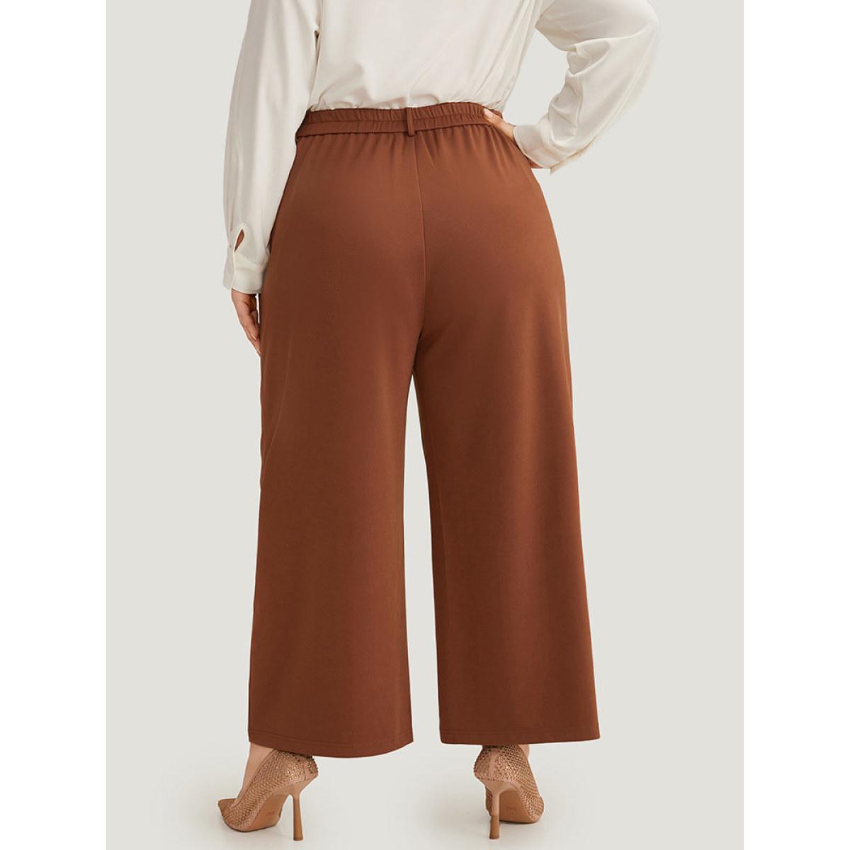 Plus Size Solid Pocket Plicated Detail Pants Women Chocolate Office Straight Leg High Rise Office Pants BloomChic 14-16/1X Product Image