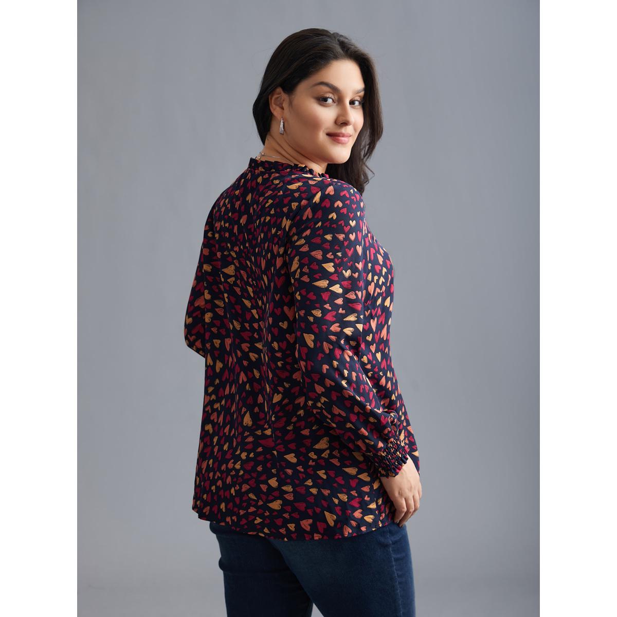 Plus Size Indigo Hearts All Over Ruffled Neckline Blouse Women Elegant Extra Long Sleeve Round Neck Everyday Blouses BloomChic 30/6X Product Image