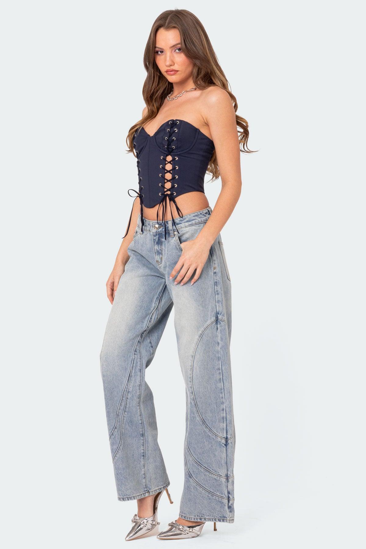 Oaklynn Stitch Detail Low Rise Baggy Jeans Product Image