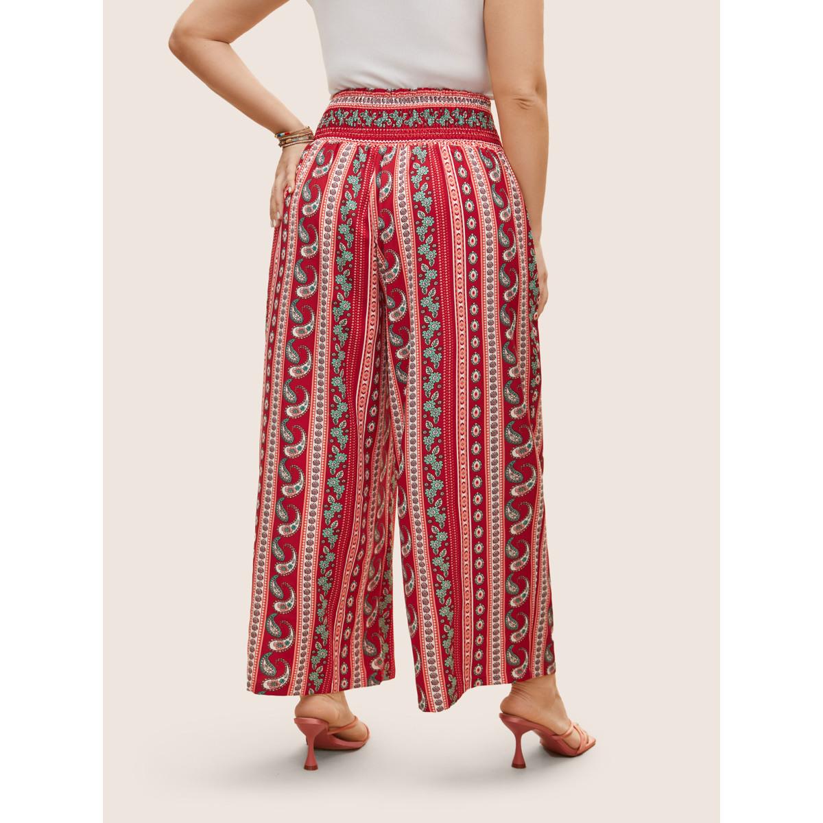Plus Size Bandana Print Wideband Waist Wide Leg Pants Women Crimson Resort Wide Leg High Rise Vacation Pants BloomChic 18-20/2X Product Image