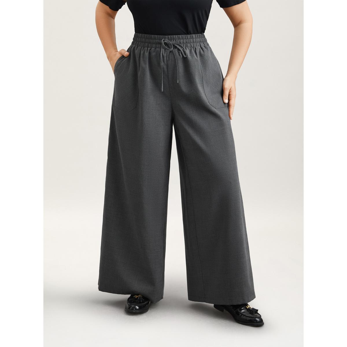 Plus Size Waist Drawstring Plaid Wide Leg Pants Women Black At the Office Wide Leg Mid Rise Work Pants BloomChic 18-20/2X Product Image