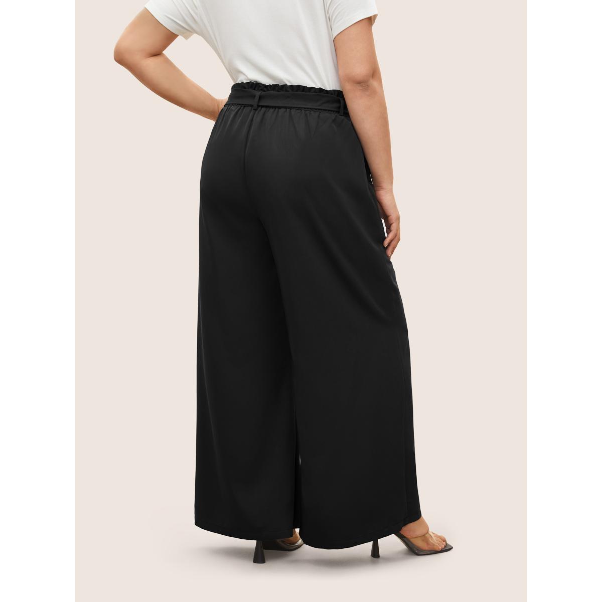 Plus Size Plain Paperbag Waist Belted Wide Leg Pants Women Black Elegant Wide Leg High Rise Everyday Pants BloomChic 26/4X Product Image