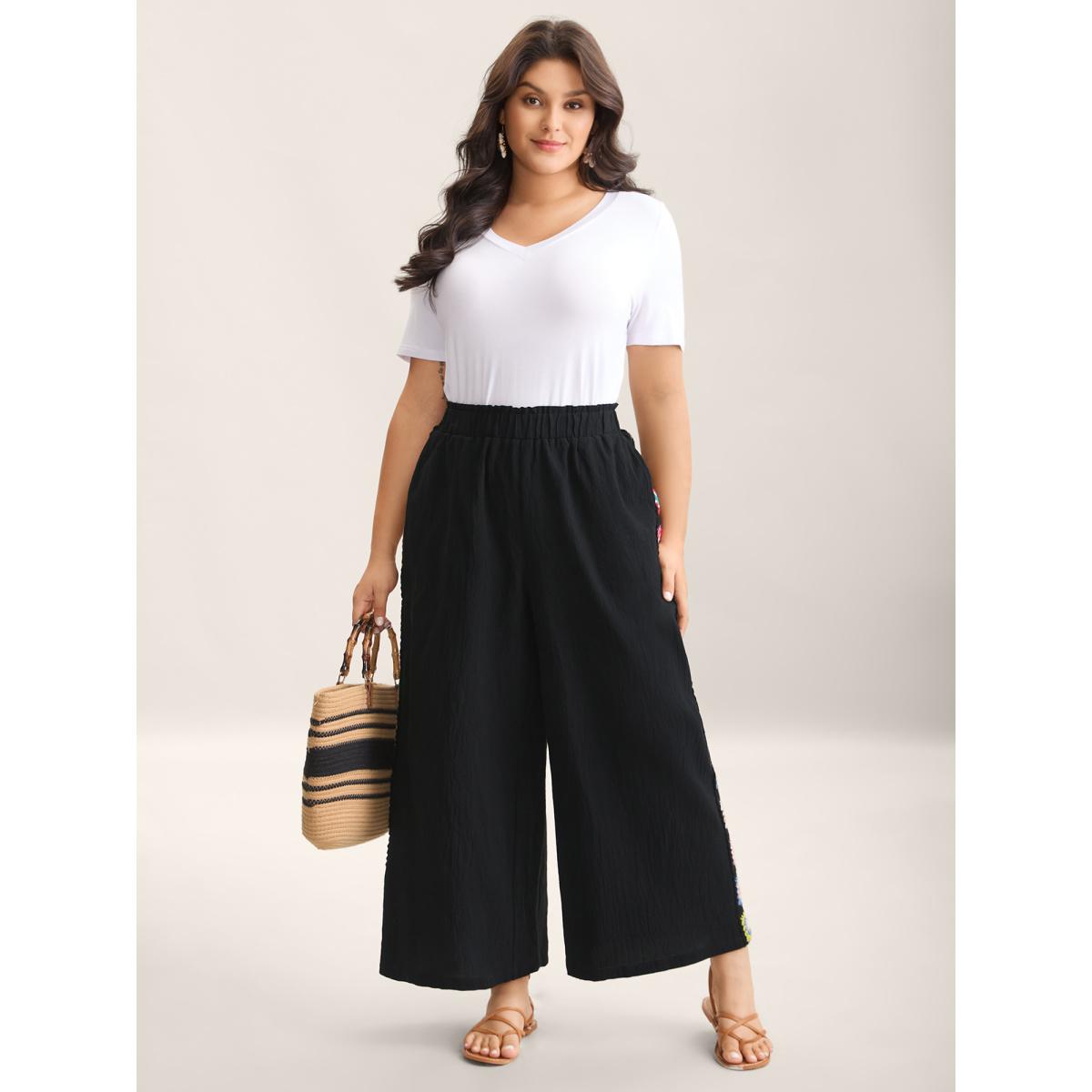 Plus Size Shirred Waist Wide-Leg Spliced Pants Women Black Boho Wide Leg Mid Rise Vacation Pants BloomChic 10/M Product Image