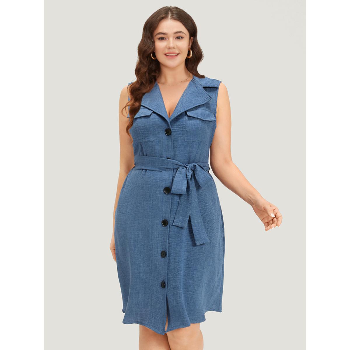 Plus Size Suit Collar Belted Pocket Button Through Sleeveless Dress Blue Women Elegant Belted Suit Collar Sleeveless Curvy Knee Dress BloomChic 14-16/1X Product Image