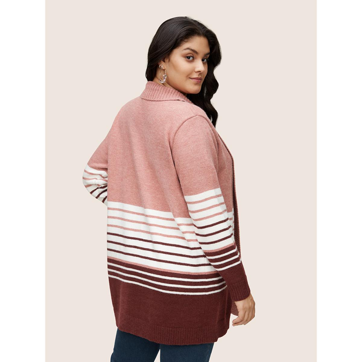 Plus Size Striped Colorblock Contrast Lapel Collar Cardigan Watermelon Women Casual Loose Long Sleeve Dailywear Cardigans BloomChic 12/L Product Image