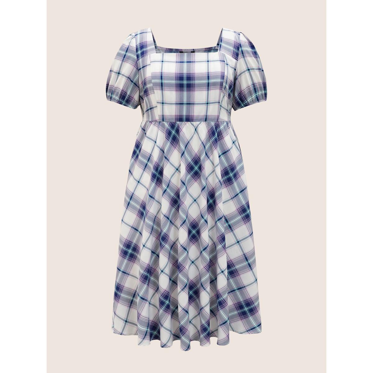Plus Size Square Neck Plaid Gathered Puff Sleeve Dress DarkBlue Women Casual Gathered Square Neck Short sleeve Curvy BloomChic 18-20/2X Product Image
