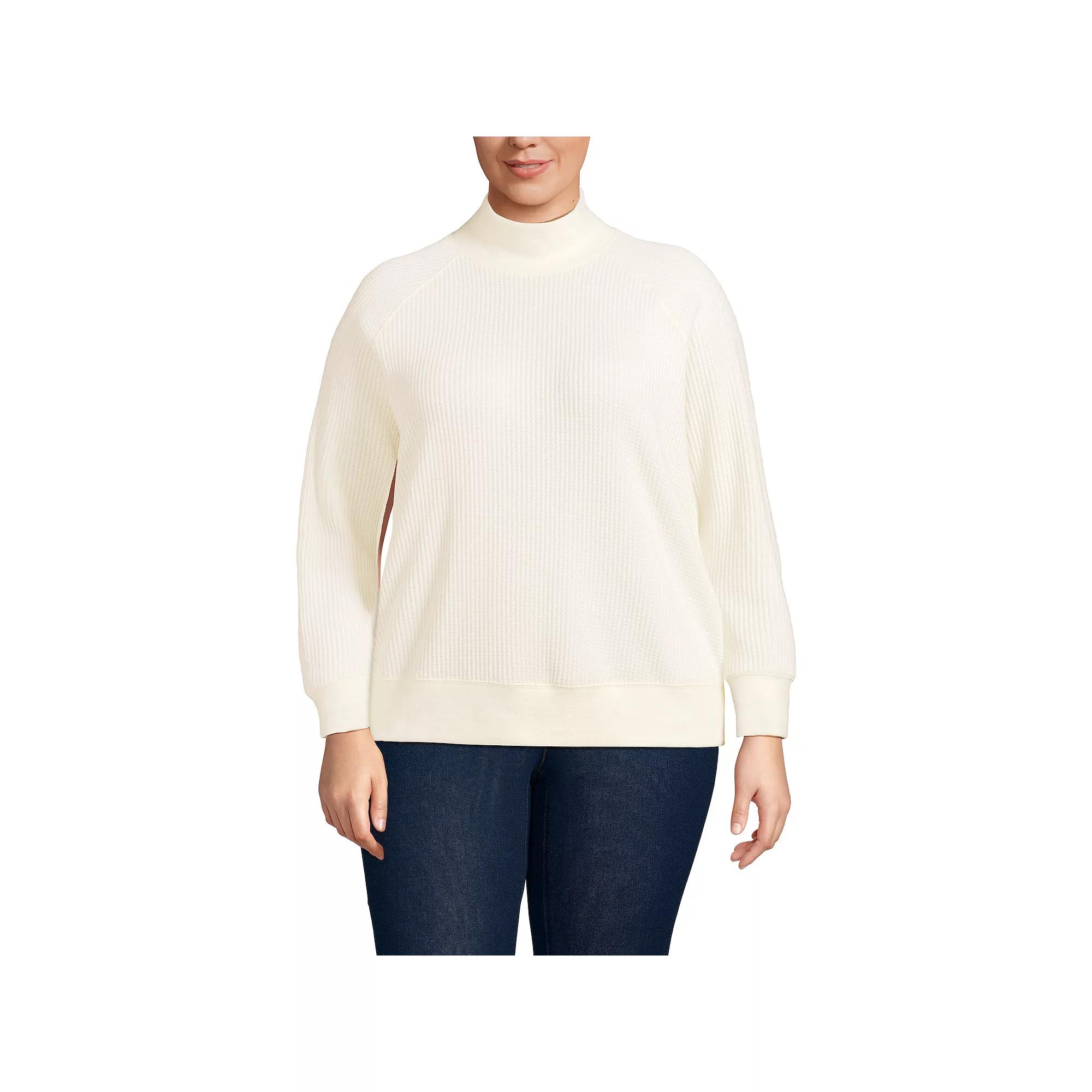 Plus Size Lands' End Waffle Relaxed Long Sleeve Mockneck Pullover, Women's, Size: 3XL, Fresh Ivory Product Image