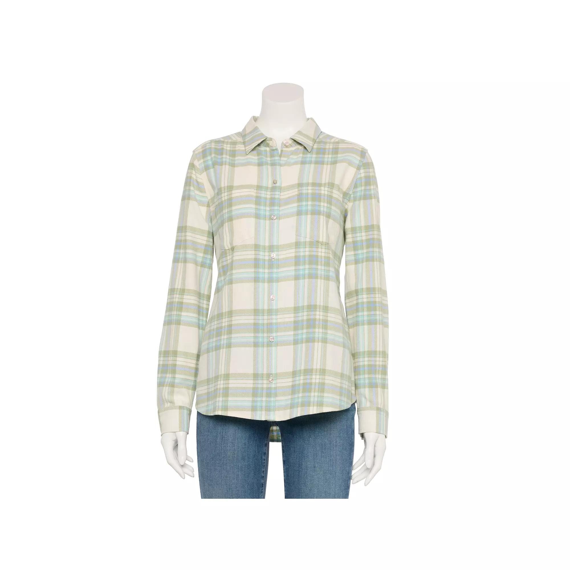 Women's Croft & Barrow® Flannel Holiday Shirt, Size: Medium, Ivory Olive Cute Plaid Product Image