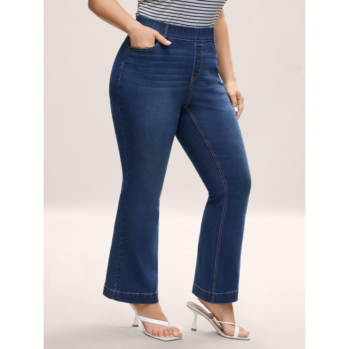 Plus Size Stretchy Waist Whiskered Bootcut Jeans Women Denimindigo Elegant Medium stretch Slanted pocket Jeans BloomChic 30/6X Product Image