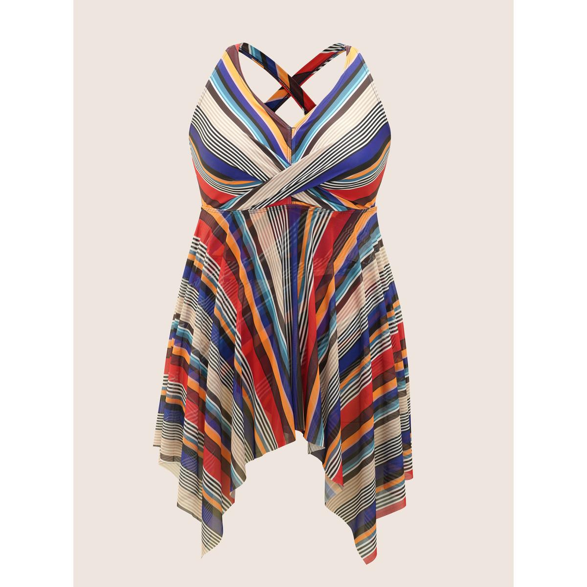 Plus Size Color Stripes Twist Hanky Hem Swim Dress Women's Swimwear Multicolor Beach Bodycon V-neck High stretch Curve Swim Dresses BloomChic 26/4X Product Image