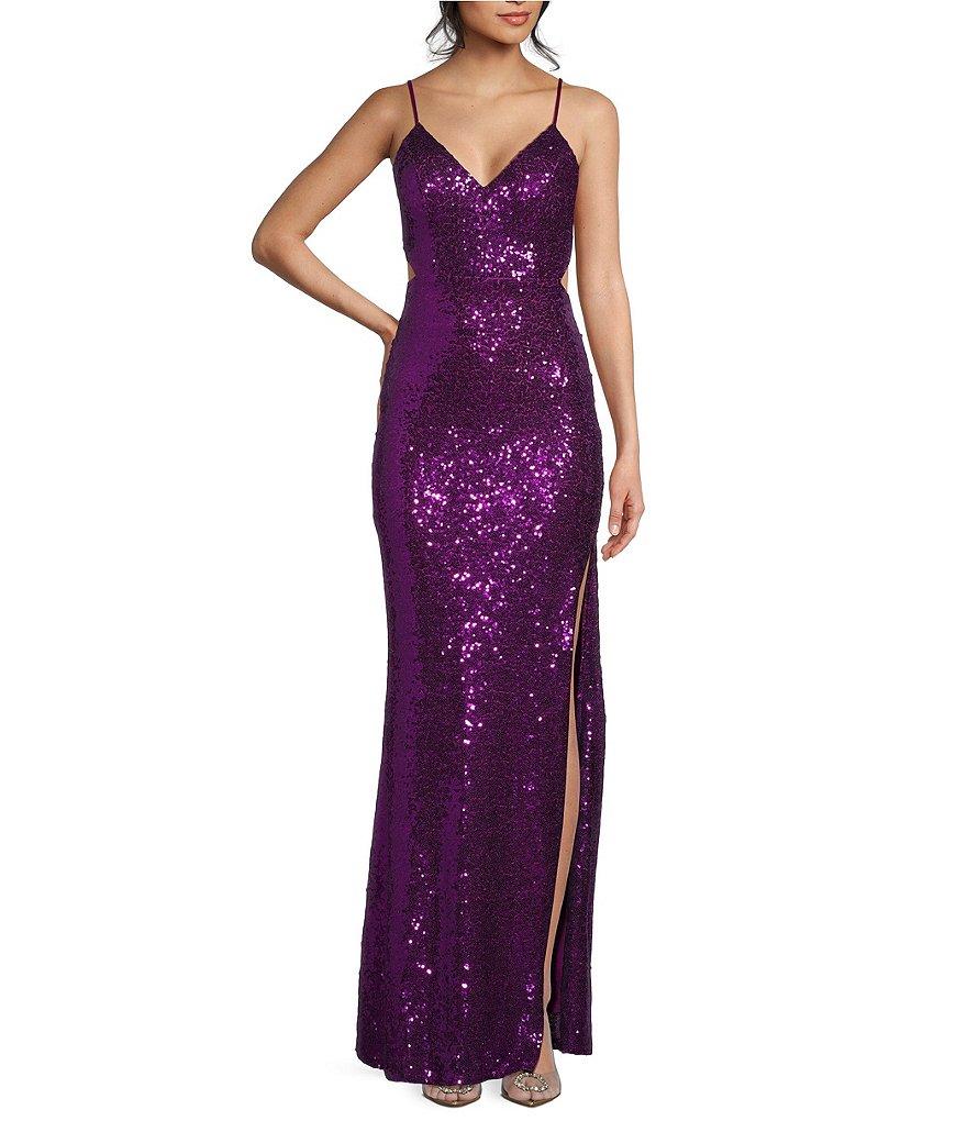 Honey and Rosie Sequin Lace-Up Back Cut-Out Long Dress Product Image