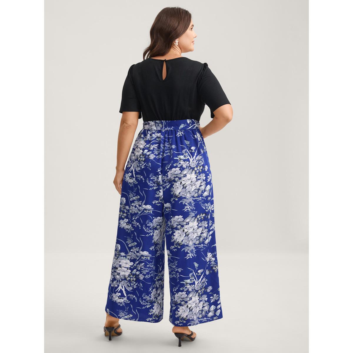 Plus Size Mediumblue Color Contrast Belted Panel Pockets Jumpsuit Women Timeless Short sleeve Square Neck Elegant Loose Jumpsuits BloomChic 30/6X Product Image