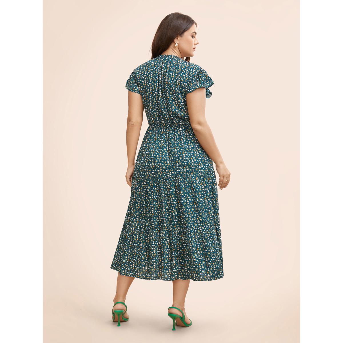 Plus Size Ditsy Floral Ruffle Cap Sleeve Dress Aegean Women Elegant Frill Trim Mock Neck Cap Sleeve Curvy BloomChic 18-20/2X Product Image