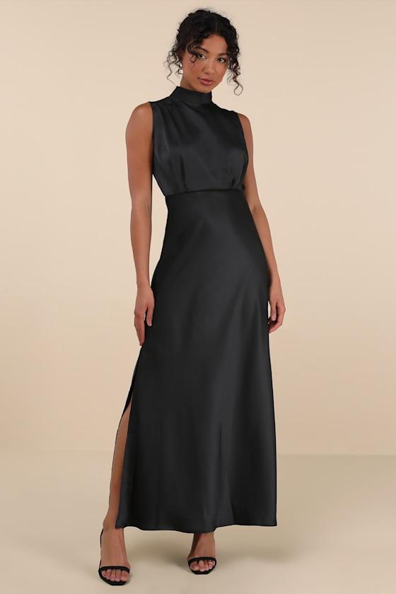 Classic Elegance Black Satin Sleeveless Mock Neck Maxi Dress Product Image