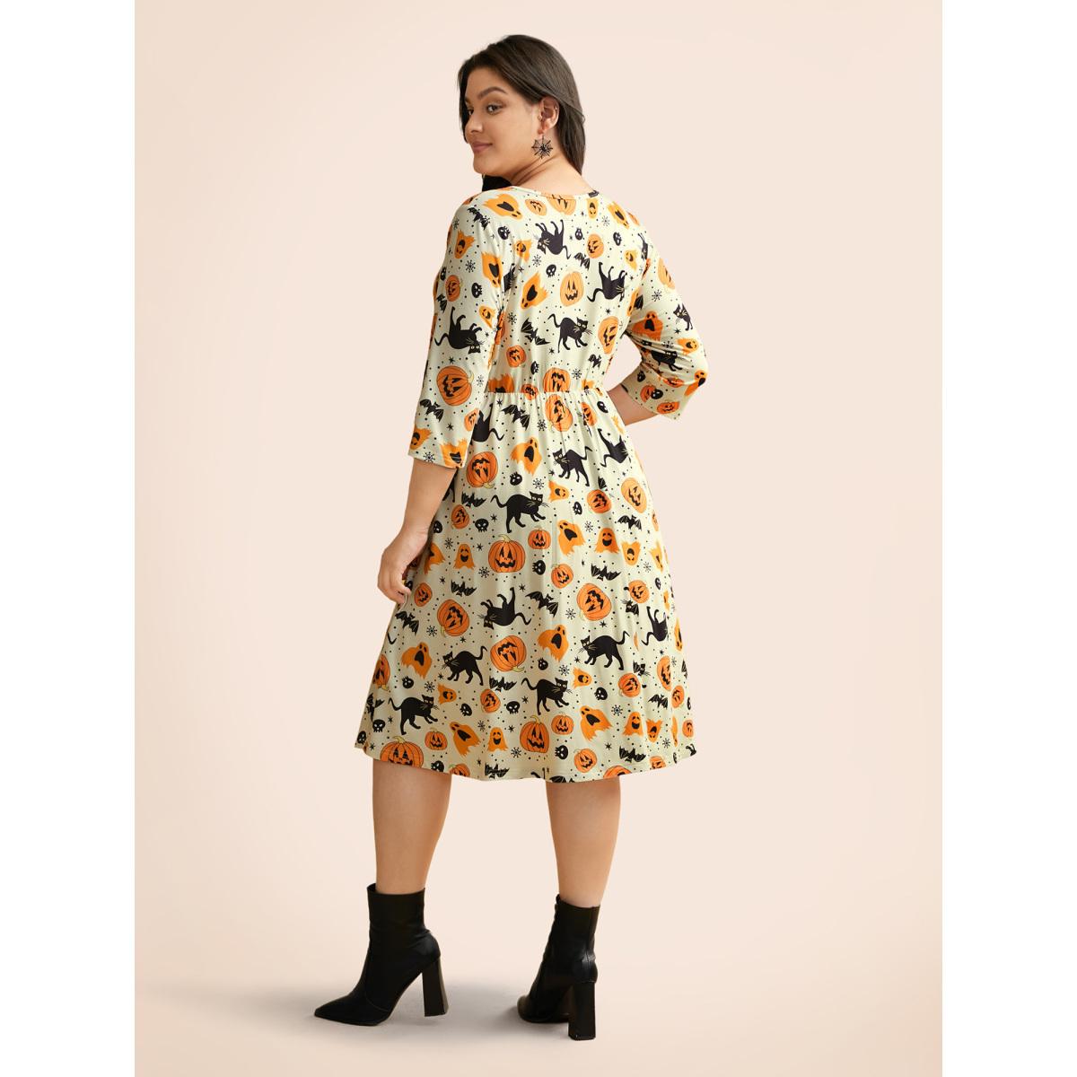 Plus Size Pumpkin Spiced Elastic Waist Printed Midi Dress Ivory Women Cocktail Non Party Curvy Bloomchic 30/6X Product Image