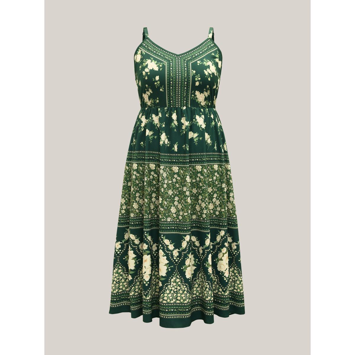 Plus Size Floral Print Off Sleeve Pockets Midi Dress DarkGreen Women Resort Non V-neck Sleeveless Curvy BloomChic 26/4X Product Image