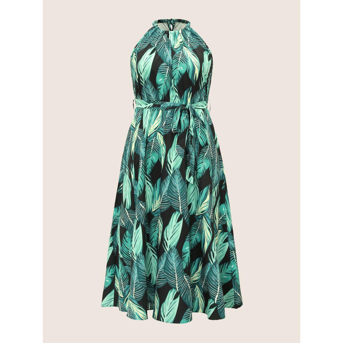 Plus Size Tropical Print Knotted Pocket Ruffles Belted Halter Dress Black Women Resort Non Halter neck Sleeveless Curvy Midi Dress BloomChic 12/L Product Image