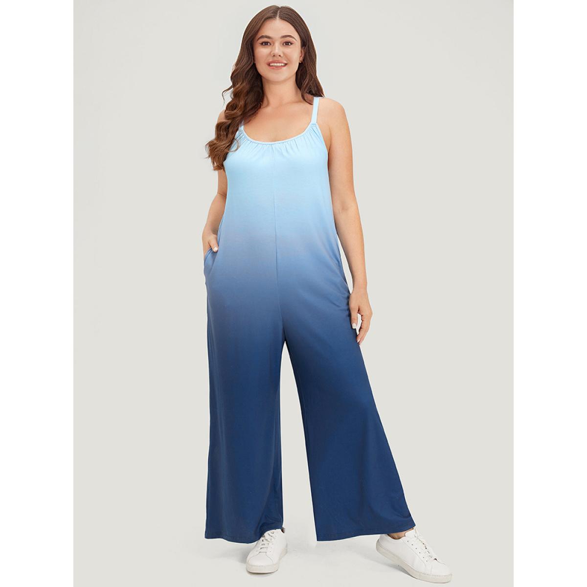 Plus Size DarkBlue Ombre Scoop Neck Pocket Adjustable Straps Jumpsuit Women Casual Sleeveless Spaghetti Strap Dailywear Loose Jumpsuits BloomChic 28/5X Product Image