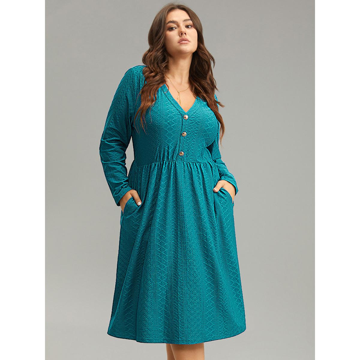 Plus Size Plain Textured Metal Detail V Neck Dress Cerulean Women Office Texture V-neck Long Sleeve Curvy Midi Dress BloomChic 18-20/2X Product Image