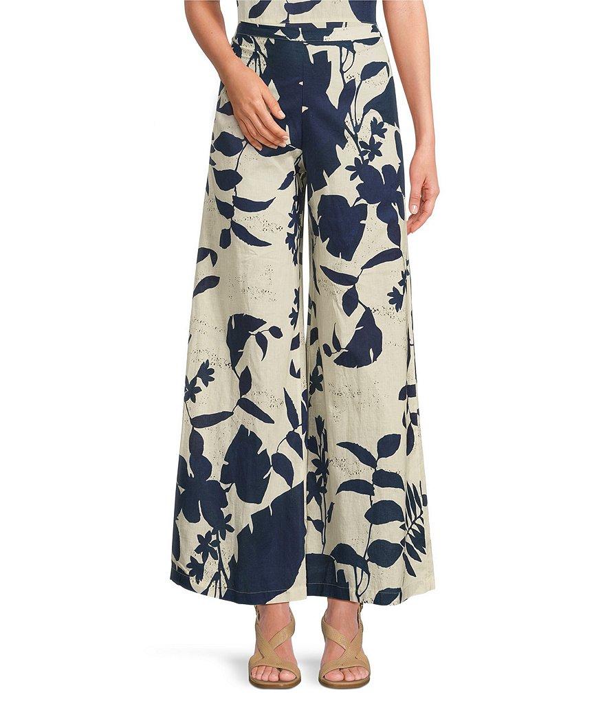 Bryn Walker Foglie Print Flat Front Linen Blend Elastic Waist Wide Full Leg Coordinating Pants Product Image