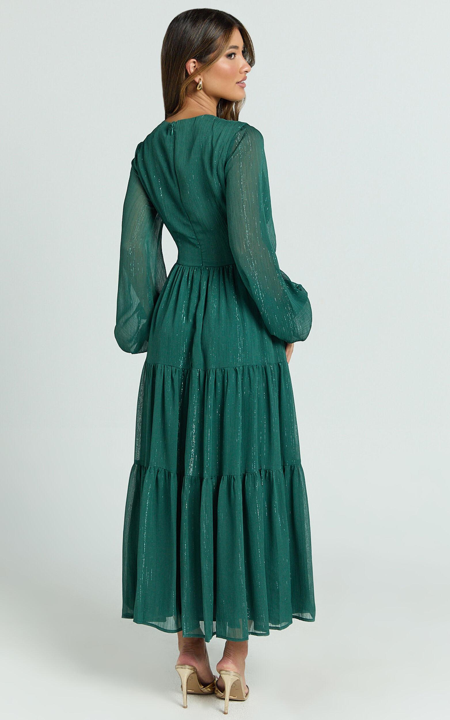 Edelyn Midi Dress - Cut Out Balloon Sleeve Tiered Dress in Emerald Product Image
