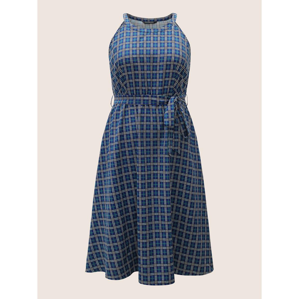 Plus Size Plaid Pocket Belted Halter Midi Dress DarkBlue Women Casual Non Halter neck Sleeveless Curvy Midi Dress BloomChic 26/4X Product Image
