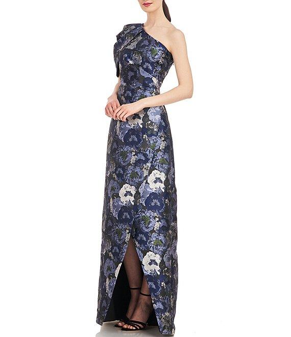 Kay Unger Floral Jacquard One Shoulder Drape Puff Sleeve Gown Product Image