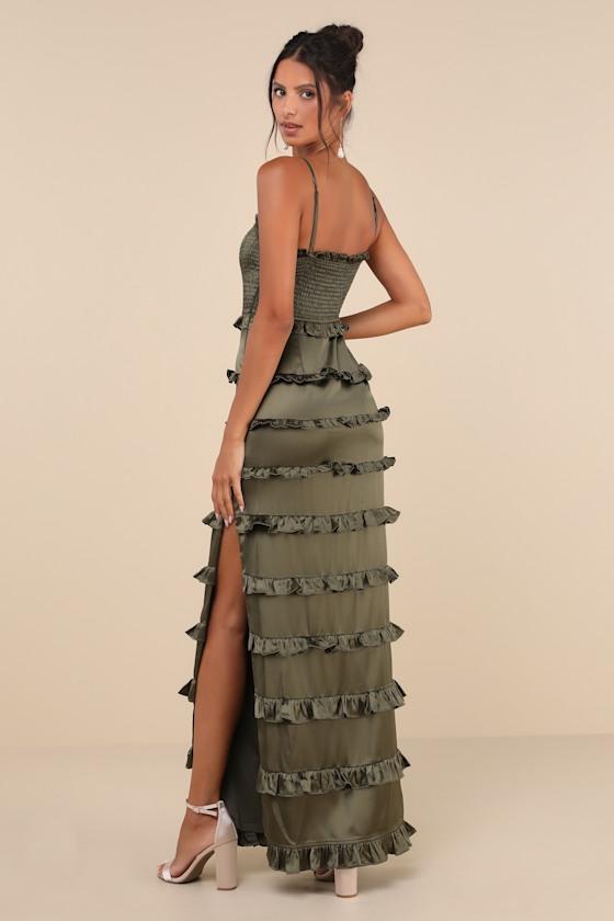 Sincerely Fabulous Olive Green Satin Smocked Ruffled Maxi Dress Product Image