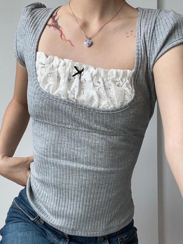 Contrast Color Lace Stitching Short Sleeve Knits Product Image