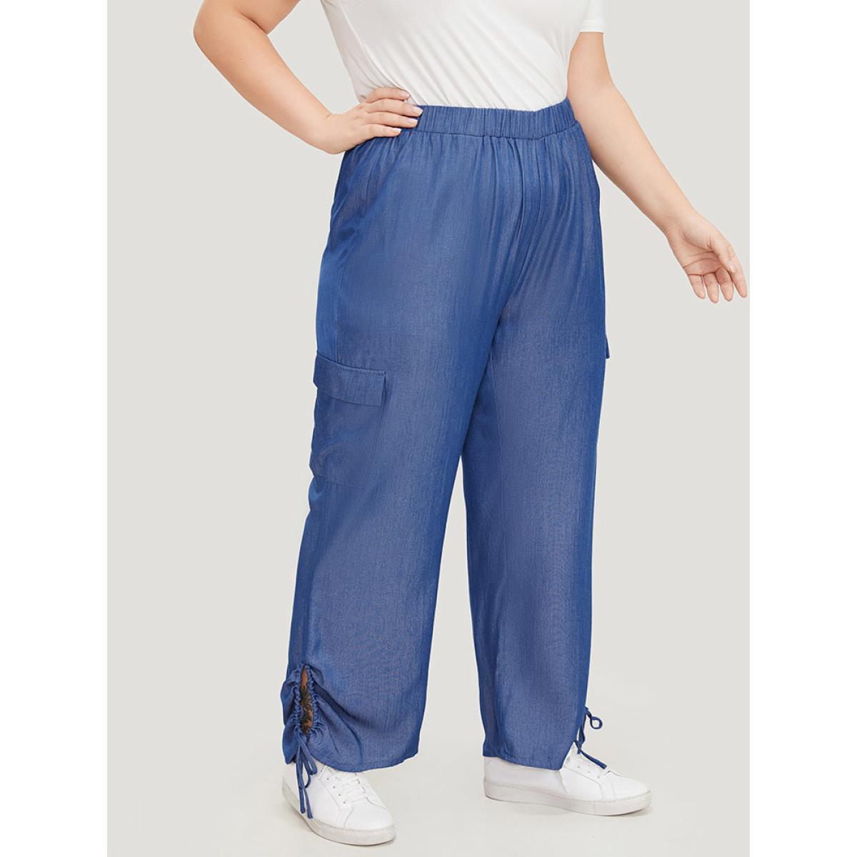 Plus Size Solid Flap Pocket Drawstring Cut Out Pants Women Blue Casual High Rise Dailywear Pants BloomChic 22-24/3X Product Image