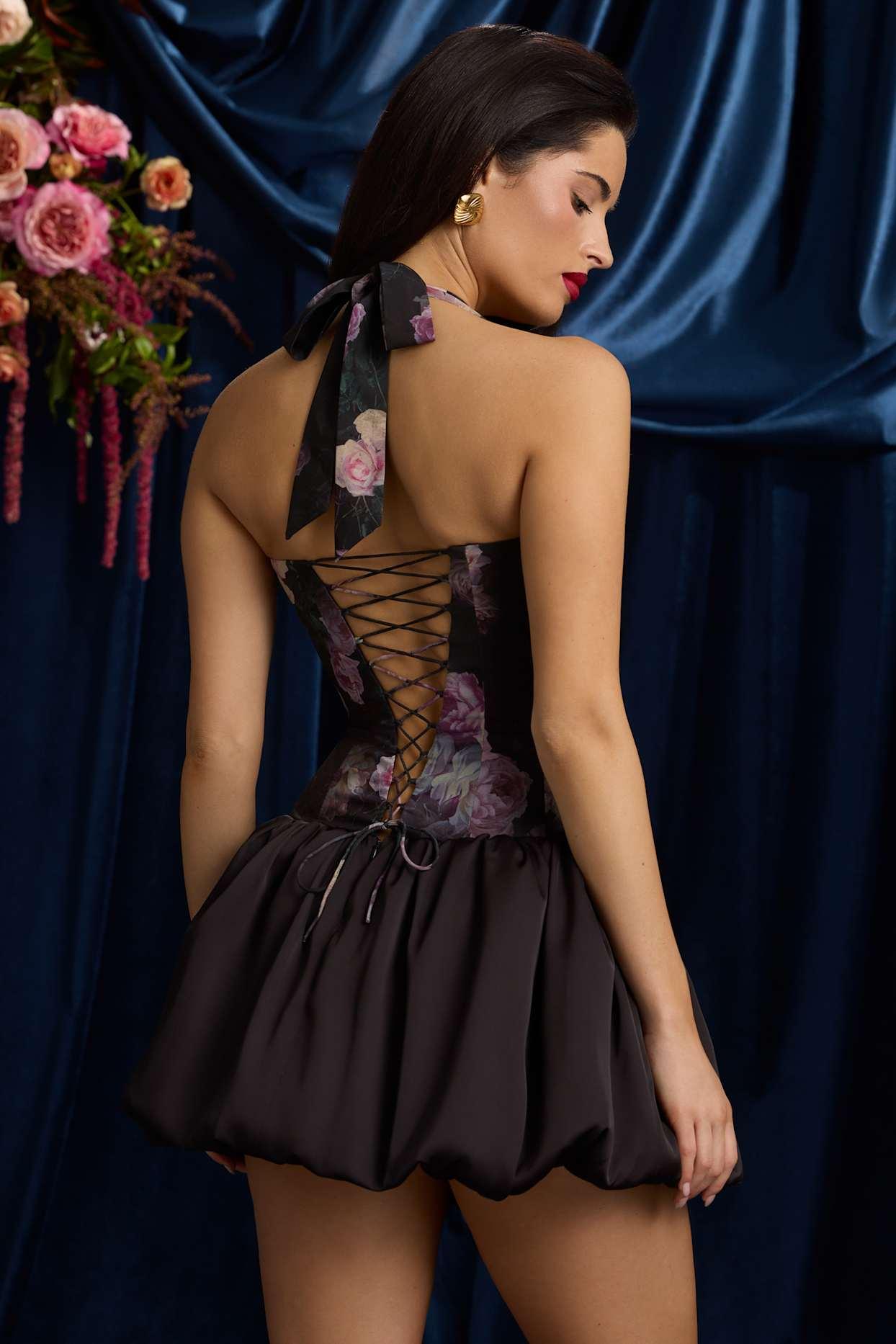 Halterneck Lace-Up Bubble Hem Mini Dress in Black Floral Print Product Image