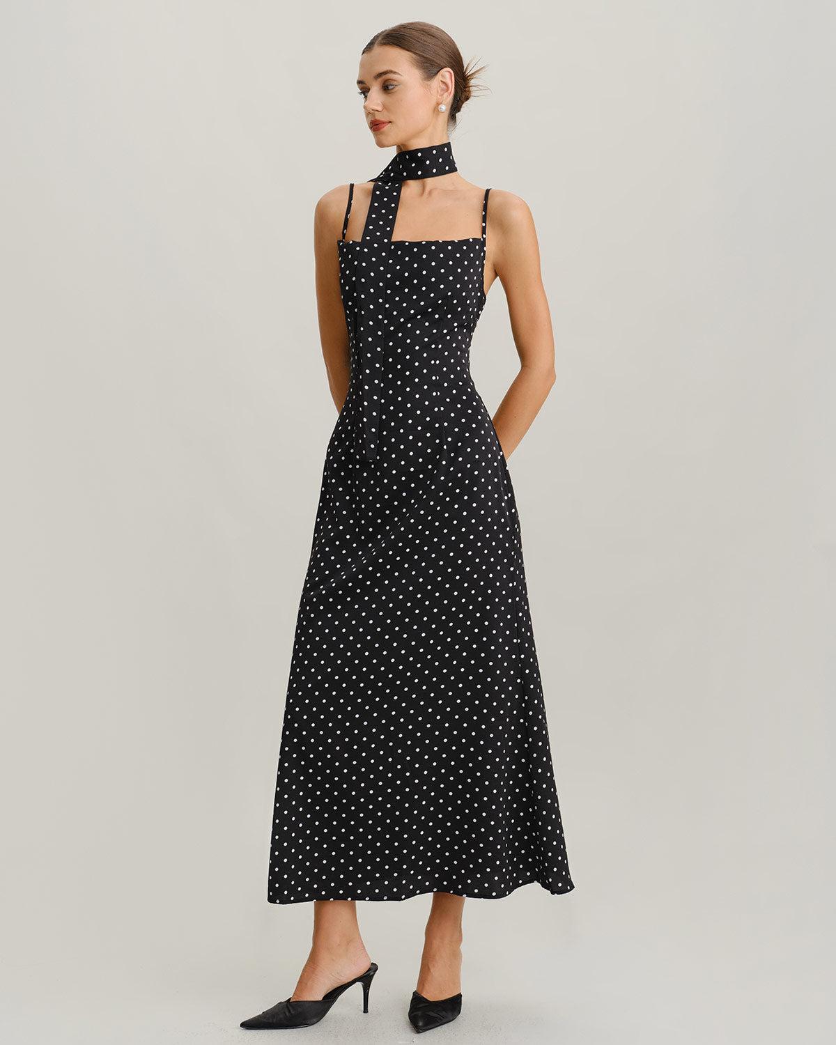 Black Polka Dot Cowl Neck Slip Maxi Dress Product Image