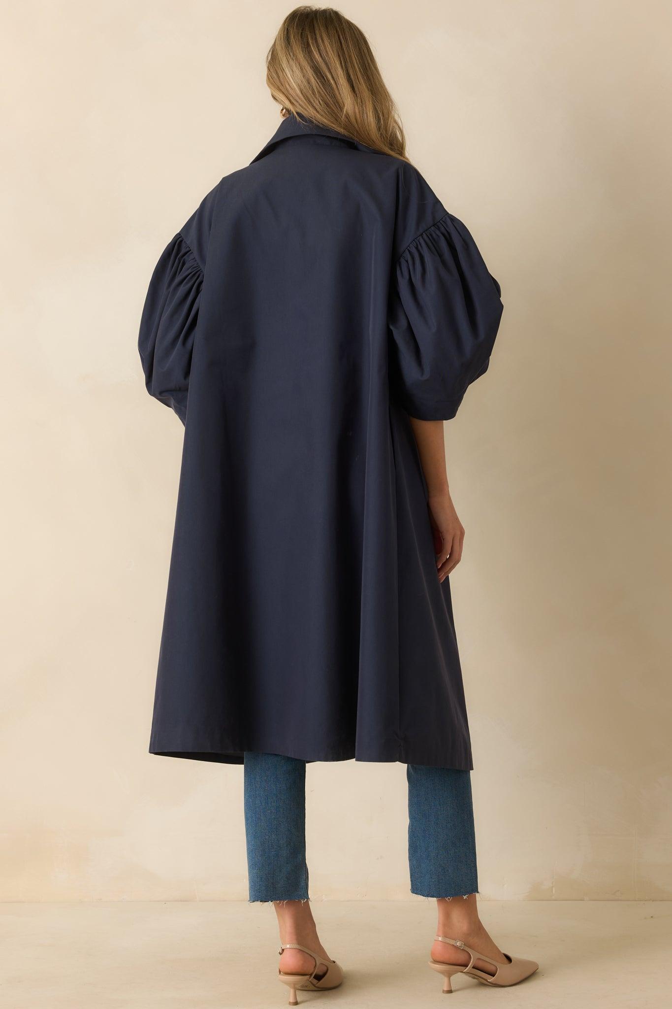 All In Good Fun Navy Scallop Trim Puff Sleeve Button Front Coat Product Image