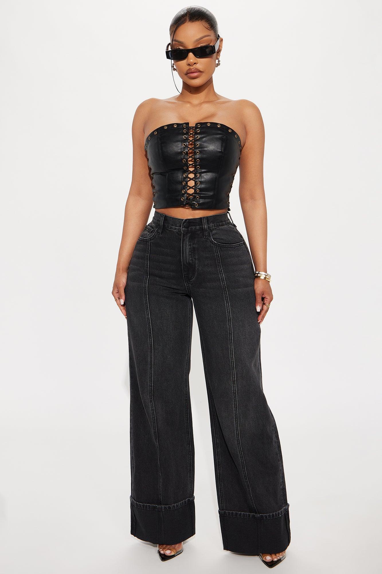 Unpredictable Cuffed Wide Leg Jeans - Black Wash Female Product Image