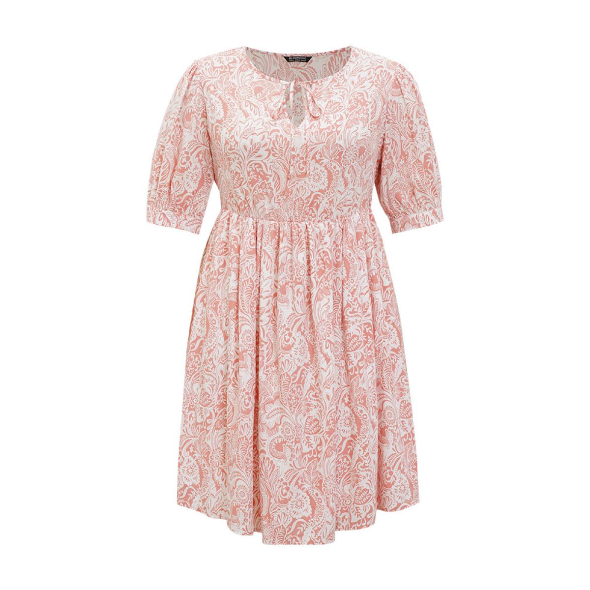 Plus Size Floral Puff Sleeve Pocket Flutter Keyhole Knot Neck Dress Coral Women Vacation Ruffles Tie Neck Short sleeve Curvy Knee Dress BloomChic 14-16/1X Product Image