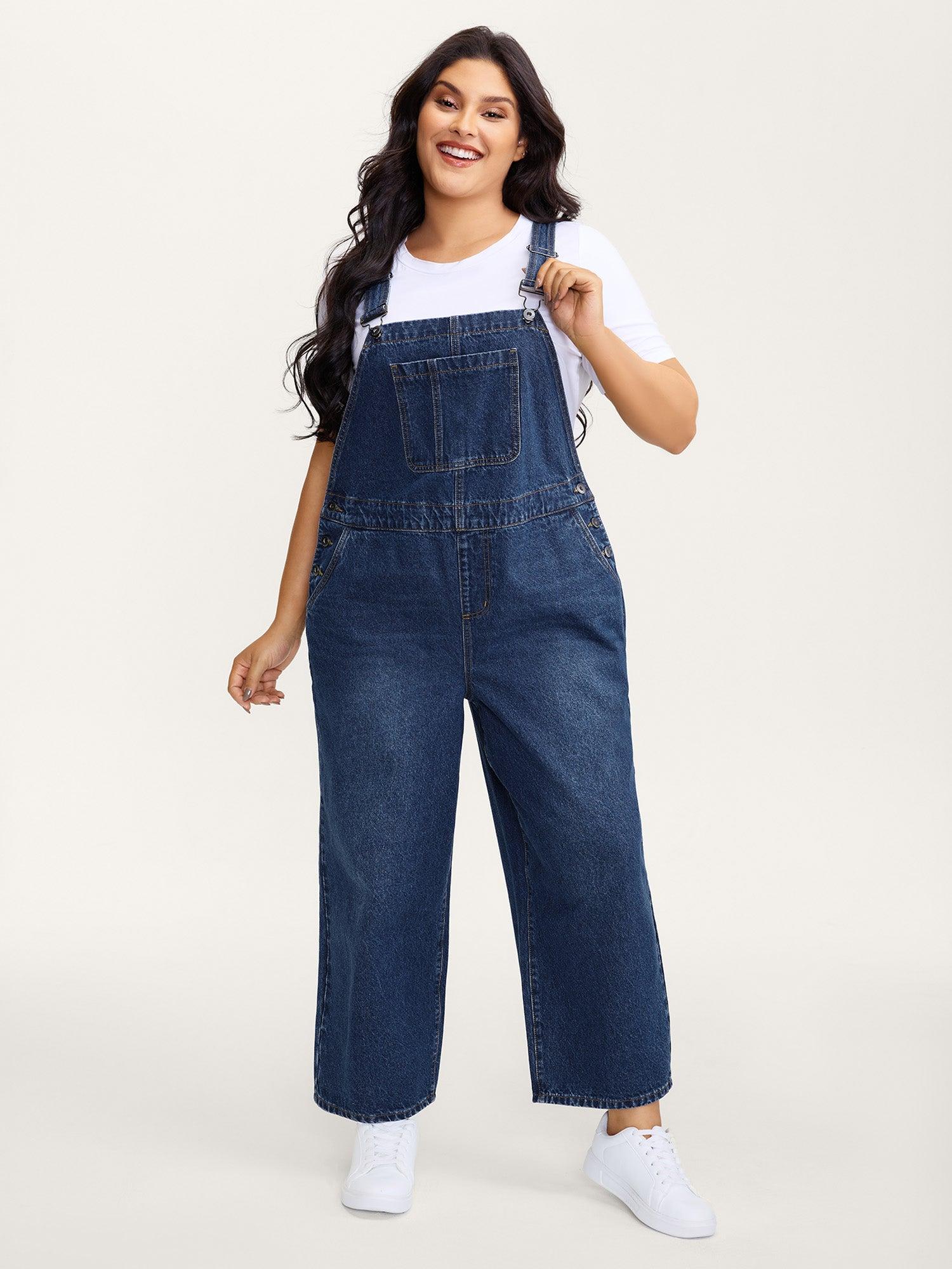 Cotton Relaxed-Fit Side Button Overall Denim Jumpsuit Female Product Image