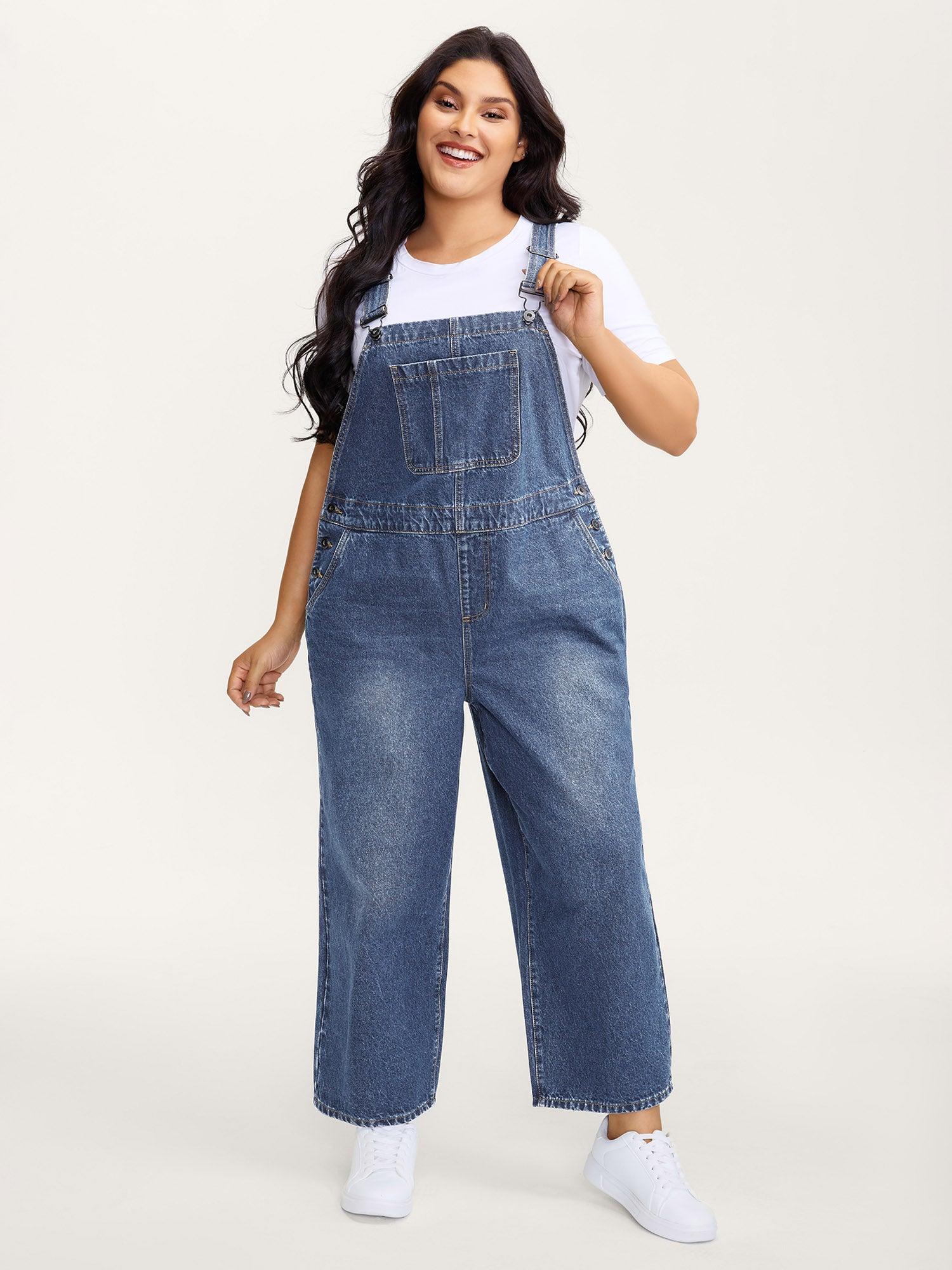Cotton Relaxed-Fit Side Button Overall Denim Jumpsuit Female Product Image