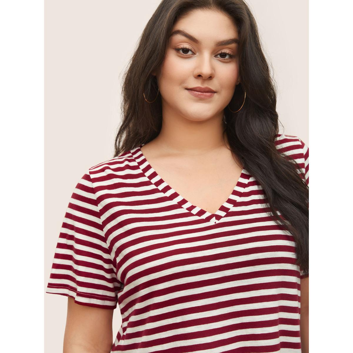 Plus Size Cotton Contrast Striped V Neck T-shirt Scarlet Women Casual Contrast Striped V-neck Everyday T-shirts BloomChic 28/5X Product Image