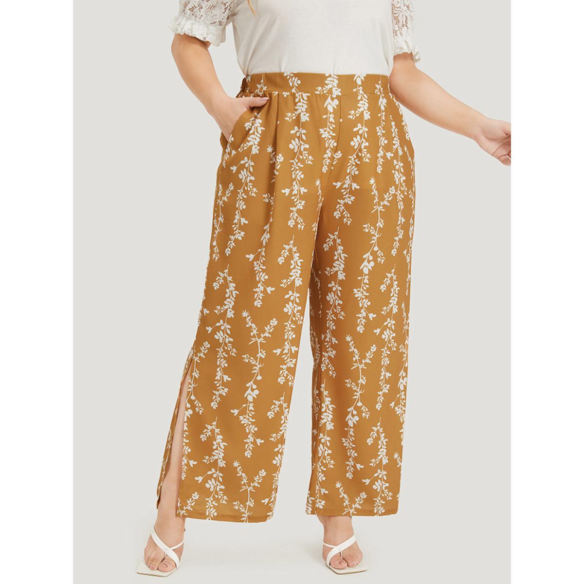 Plus Size Silhouette Floral Print Pocket Split Side Pants Women Yellow Elegant Straight Leg High Rise Dailywear Pants BloomChic 14-16/1X Product Image