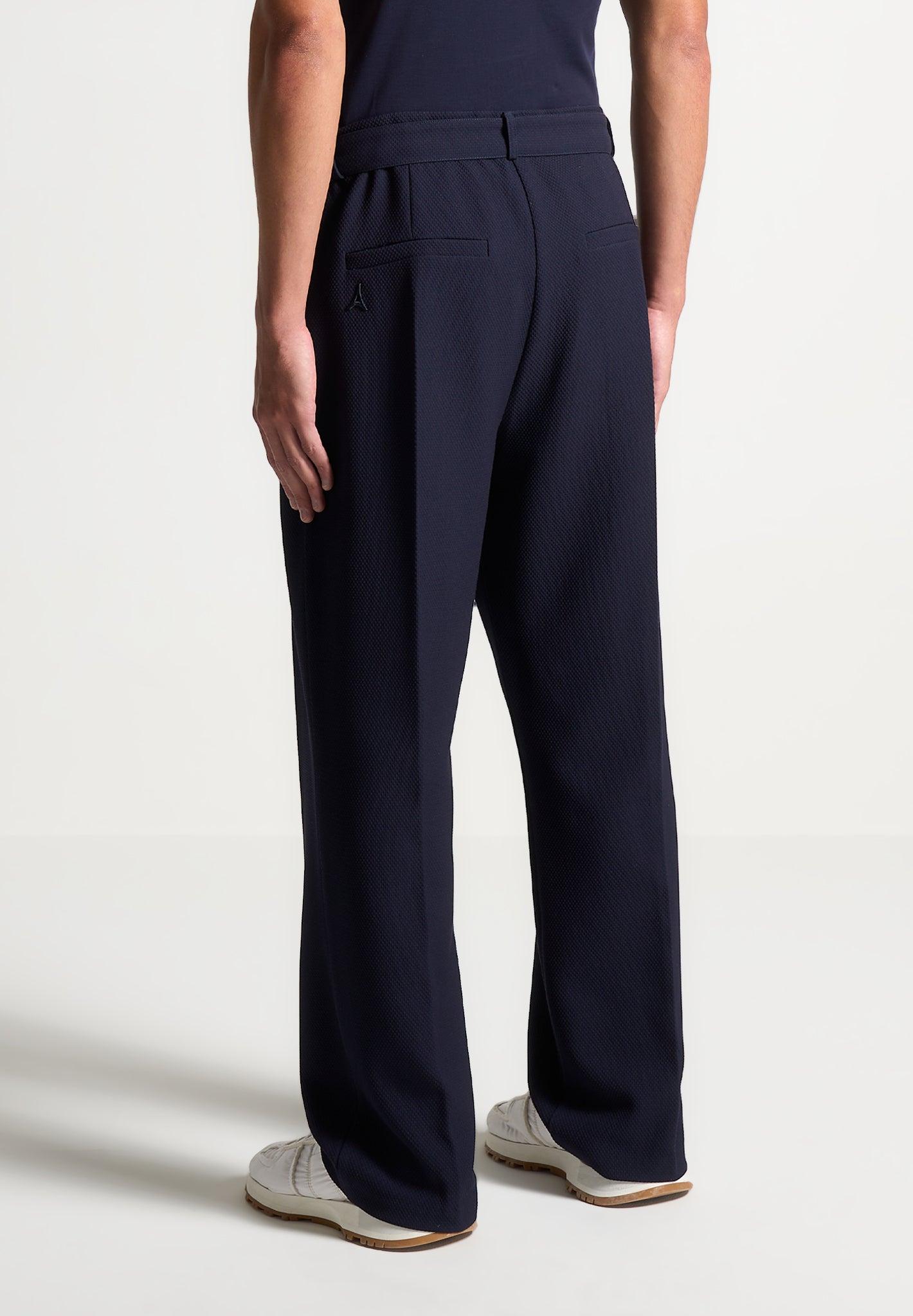 Louis - Relaxed Fit Textured Belted Tailored Trousers - Navy Male Product Image