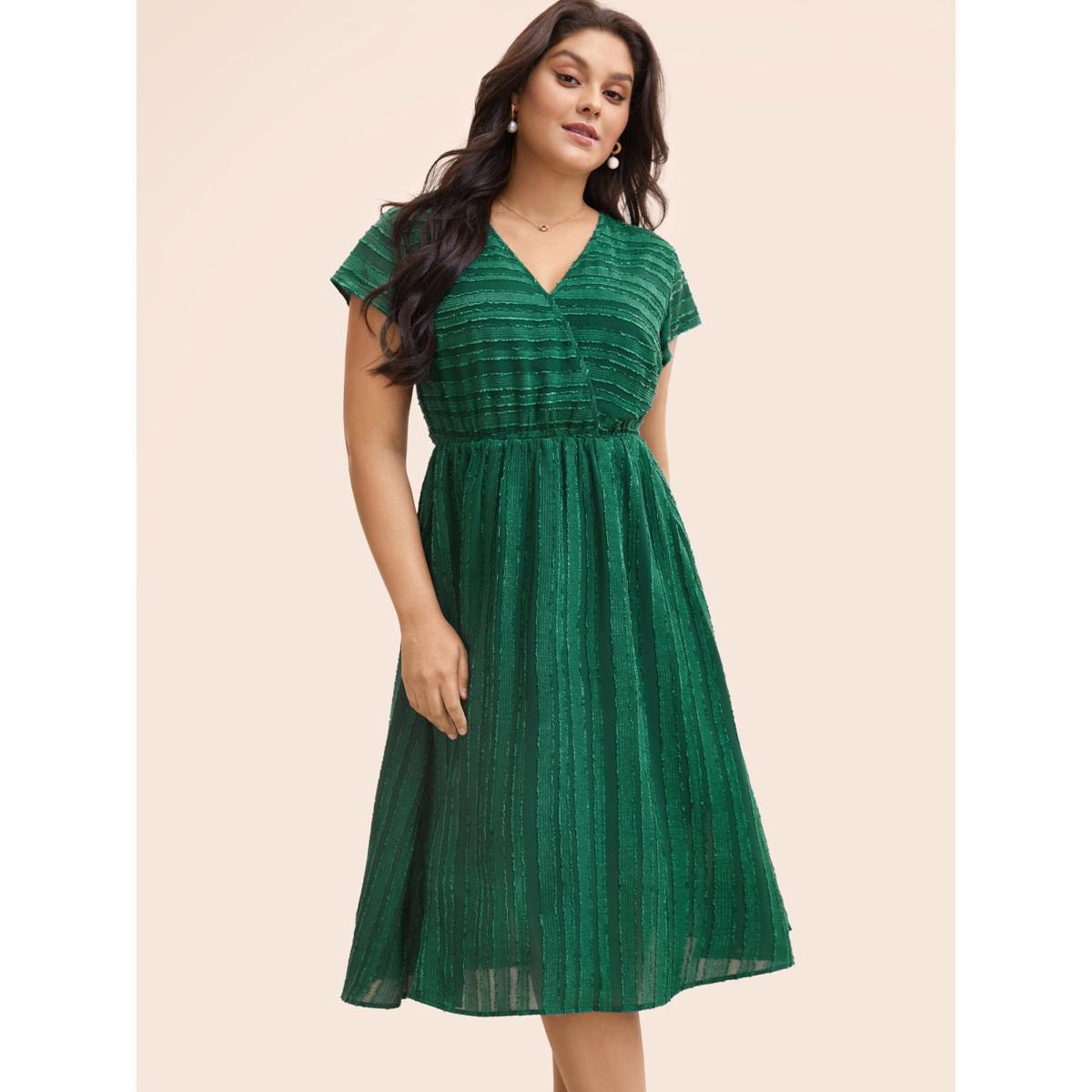 Plus Size Overlap Collar Plain Textured Midi Dress DarkGreen Women Elegant Texture Overlap Collar Cap Sleeve Curvy BloomChic 30/6X Product Image