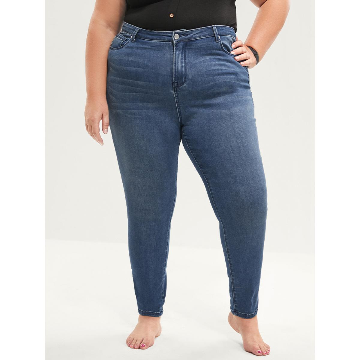Plus Size Skinny Extremely Stretchy High Rise Medium Wash Sculpt Waist Jeans Women Blue Casual Plain Tummy control Super stretch Slanted pocket Jeans BloomChic 24/3X Product Image