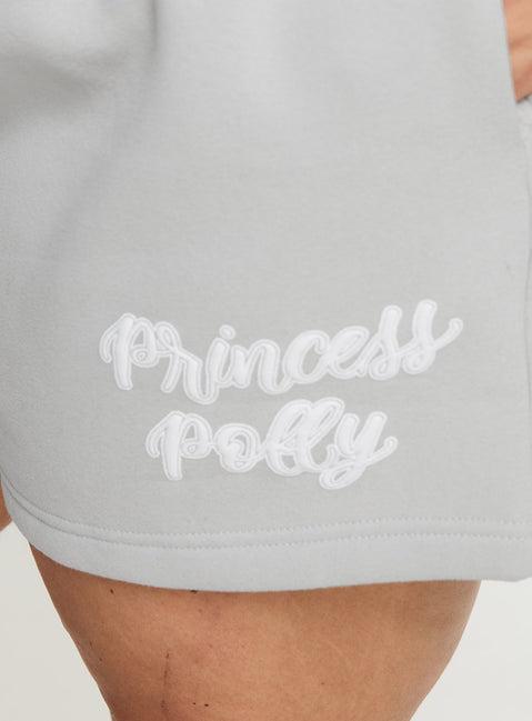 Princess Polly Track Shorts Puff Text Grey Curve Product Image