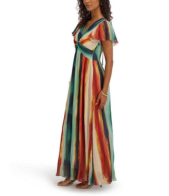 Kensie Printed Chiffon V-Neck Short Flutter Sleeves Pleated Sheath Dress Product Image