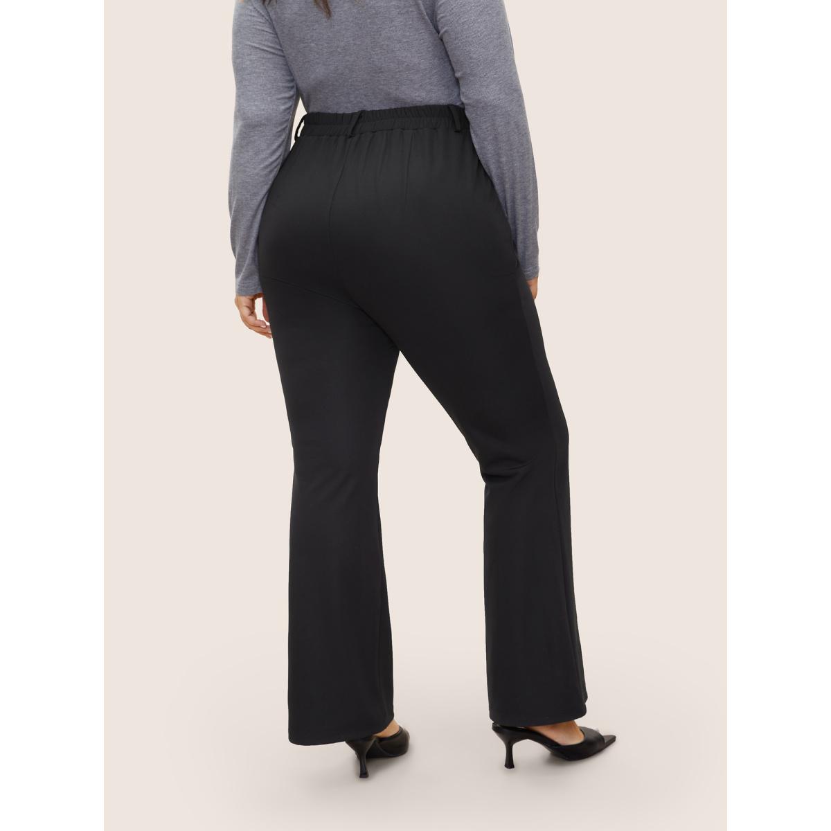 Plus Size Solid High Rise Elastic Waist Flare Leg Pants Women Black At the Office Flare Leg High Rise Work Pants BloomChic 12/L Product Image