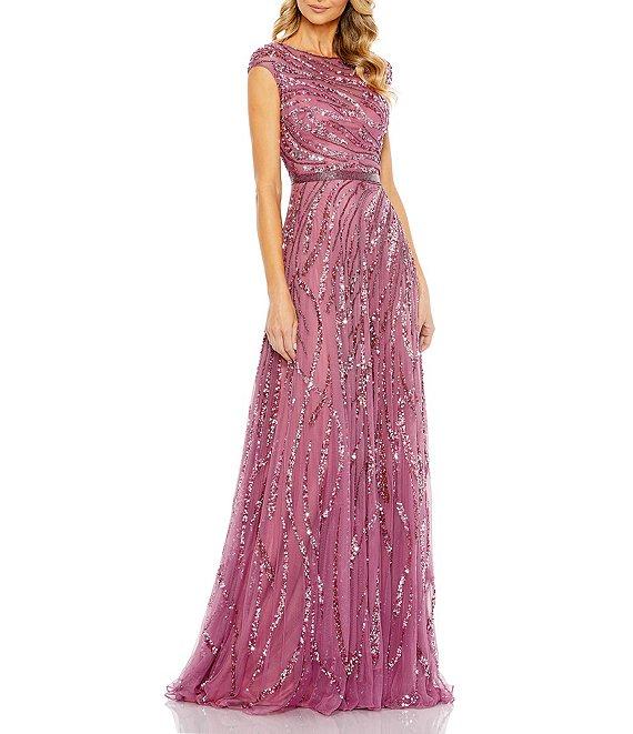 Mac Duggal Sequin Illusion Boat Neck Cap Sleeve A-Line Gown Product Image