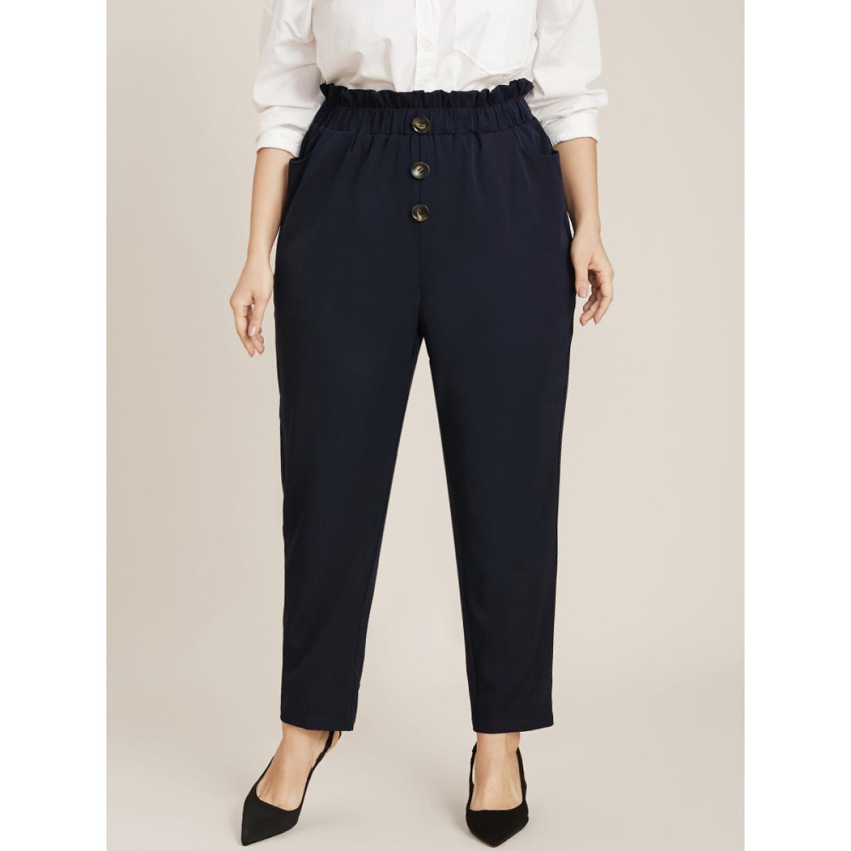 Plus Size Solid Paperbag Waist Button Detail Pocket Pants Women Indigo Casual Mid Rise Dailywear Pants BloomChic 18-20/2X Product Image