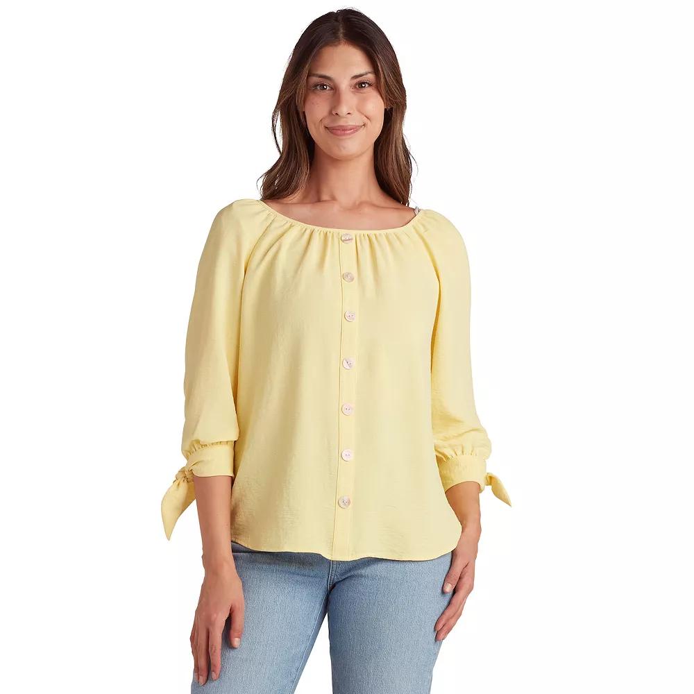 Women's AB Studio Button Front Tie Sleeve Top, Size: Large, Yellow Product Image