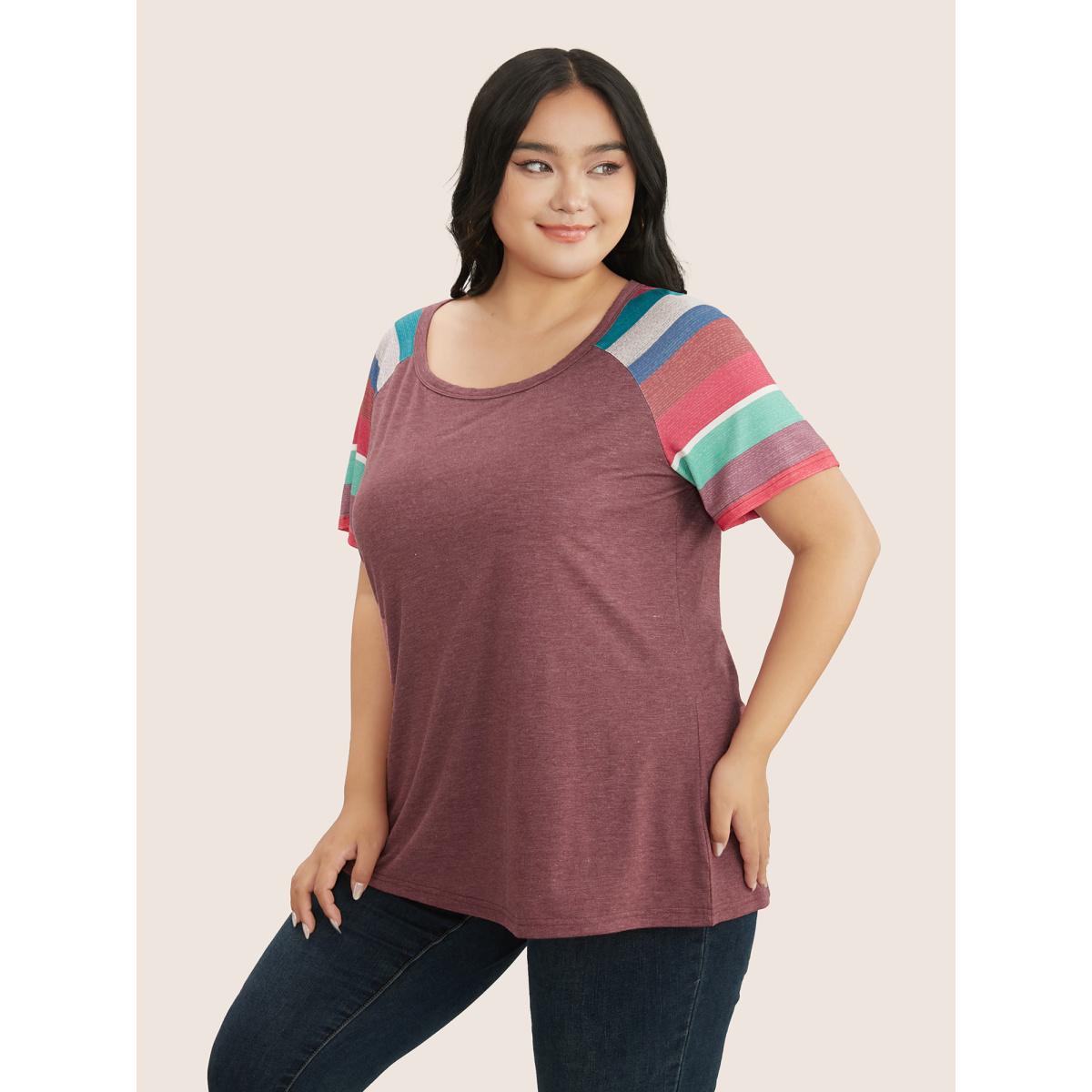 Plus Size Striped Contrast Raglan Sleeve Round Neck T-shirt Russet Women Resort Striped Round Neck Vacation T-shirts BloomChic 30/6X Product Image